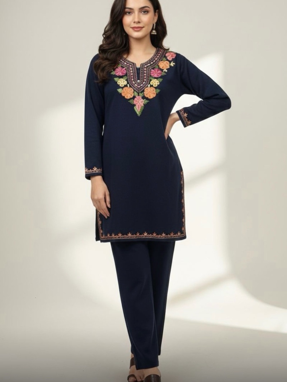 Navy Embroidered kurta Set with Floral Yoke- winter wear